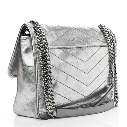 Saint Laurent Metallic Lambskin Matelasse Monogram Medium Niki Chain Satchel Argento 3 of 11