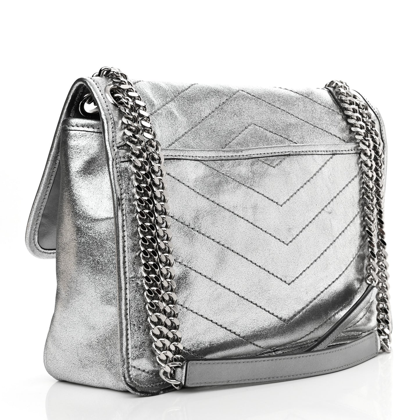 Metallic Lambskin Matelasse Monogram Medium Niki Chain Satchel Argento
