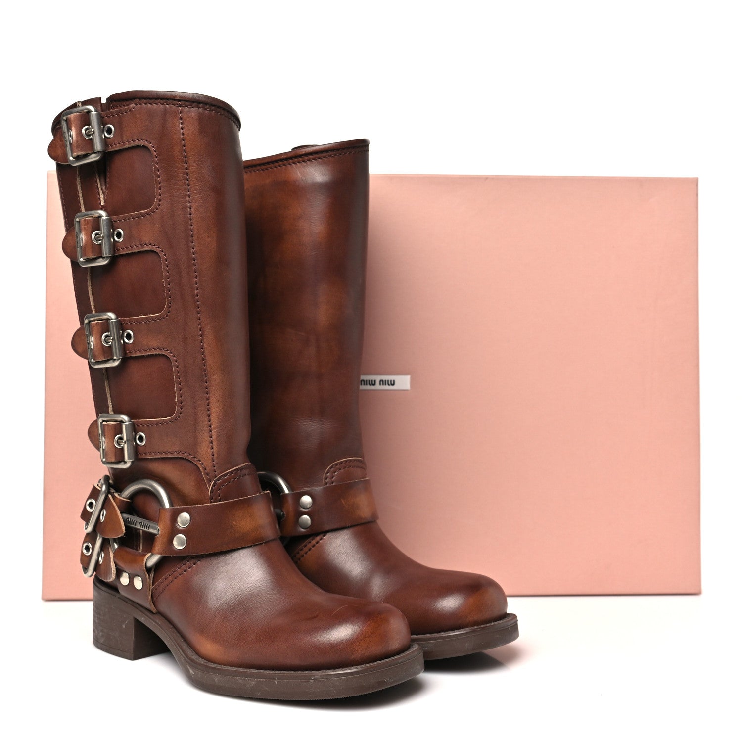 【交渉可！】MIUMIUウエスタンブーツ ピンクとブラウン Miu Miu Calfskin Harness Boots 37 Sienna 1841487 – FASHIONPHILE