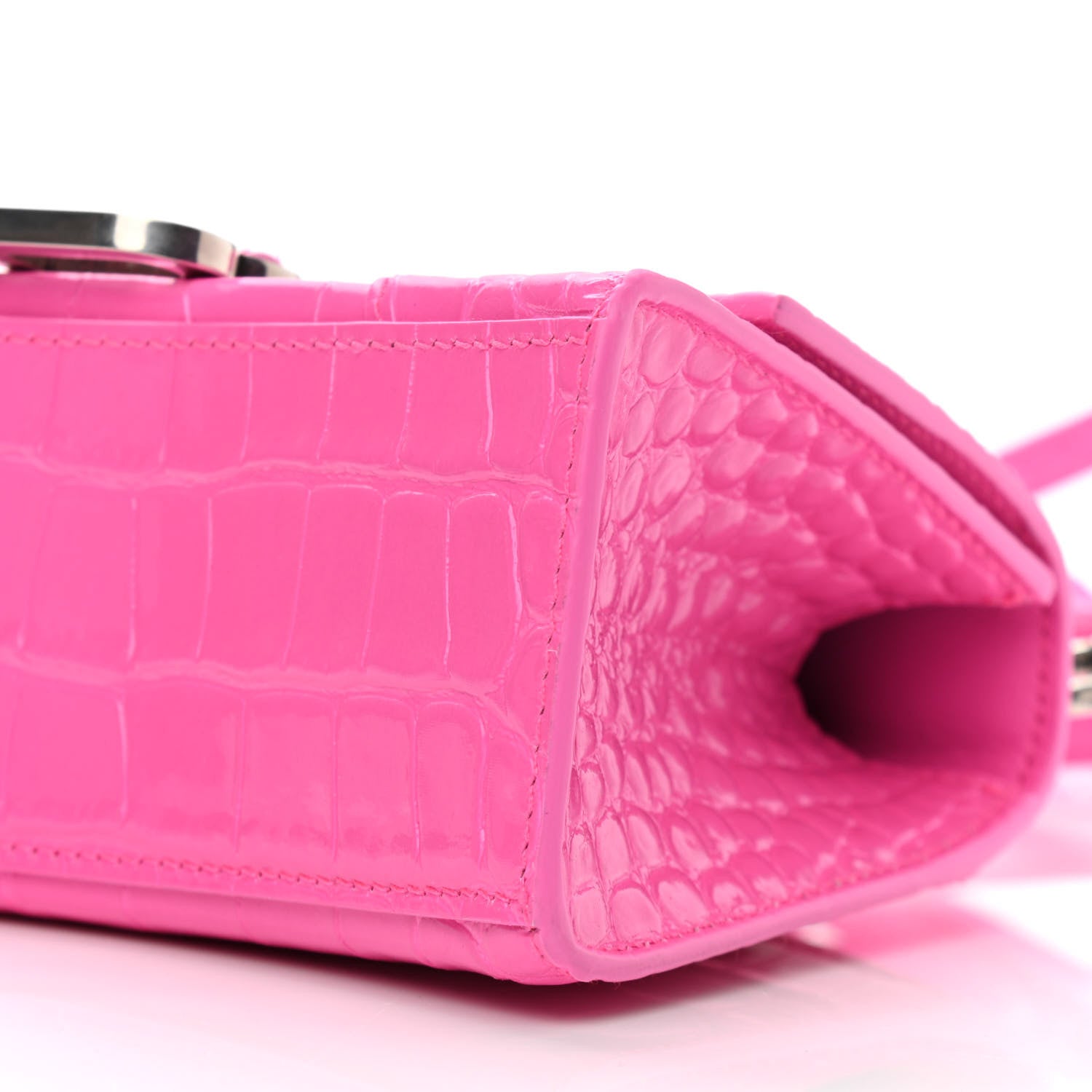 Balenciaga Shiny Calfskin Crocodile Embossed Hourglass Top Handle Bag XS Neon Pink 6 of 12