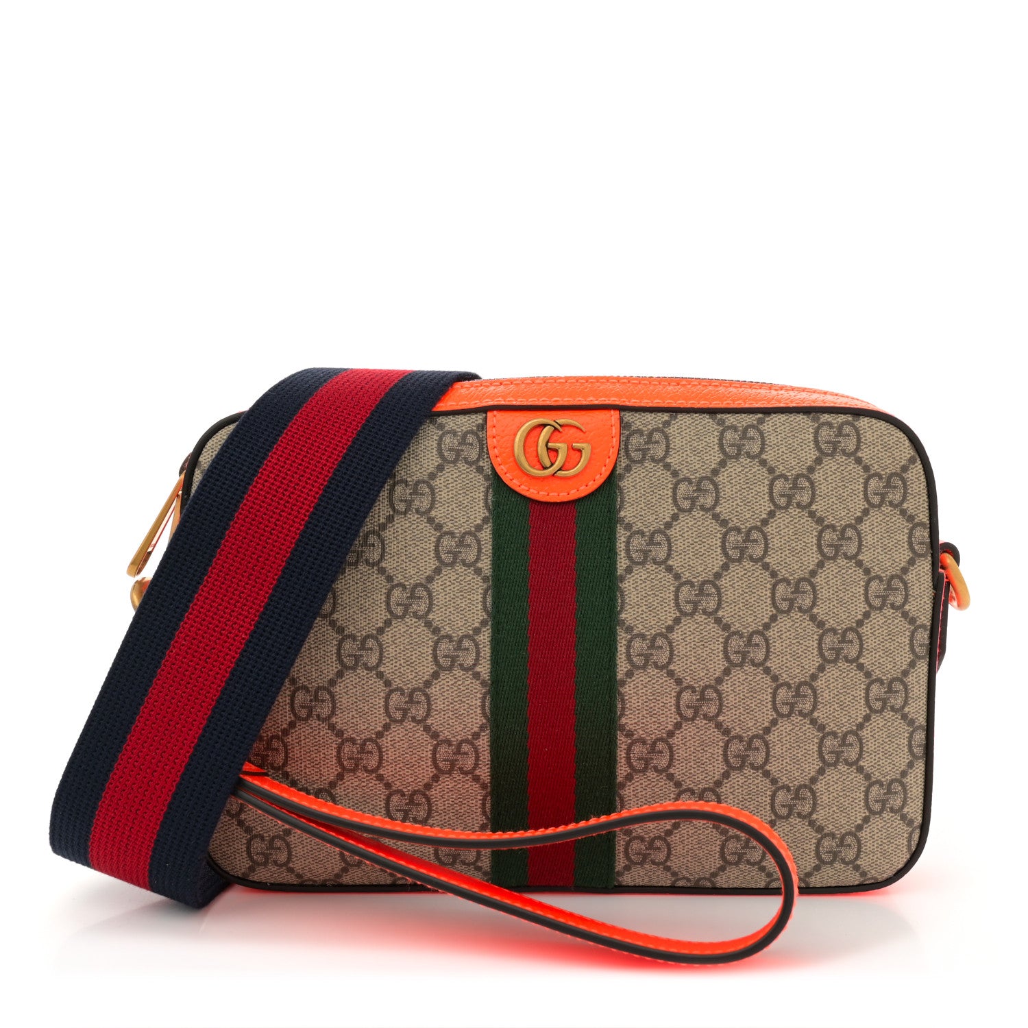 Gucci GG Supreme Monogram Textured Dollar Calfskin Web Ophidia Wristlet Shoulder Bag Beige Ebony Orange 1 of 11