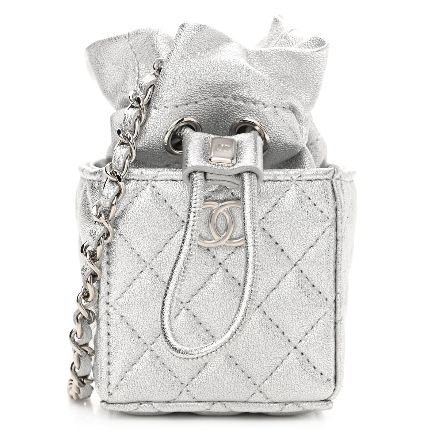 Metallic Caviar Quilted Mini Drawstring Bucket Bag Silver