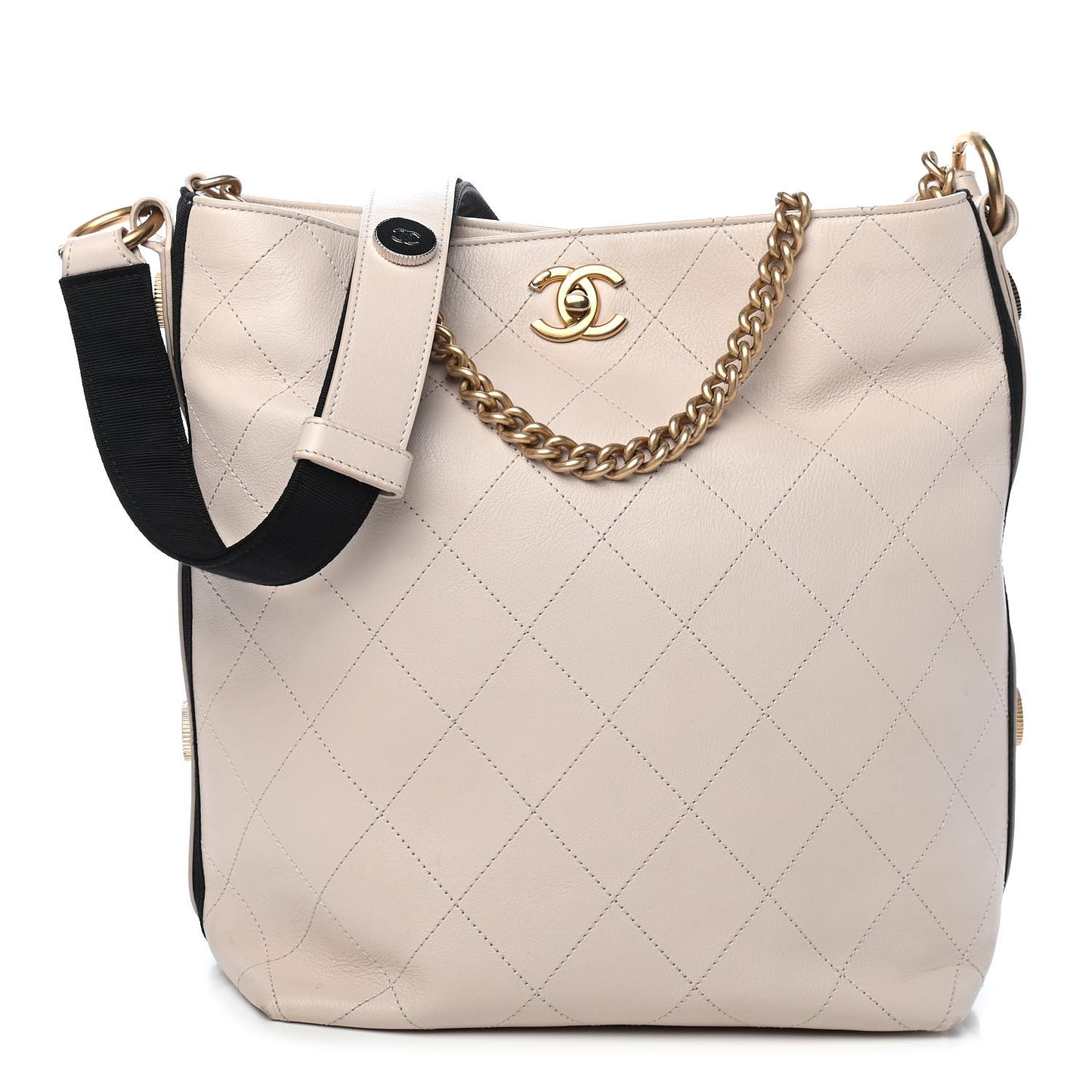 Calfskin Stitched Large Button Up Hobo Ivory Black