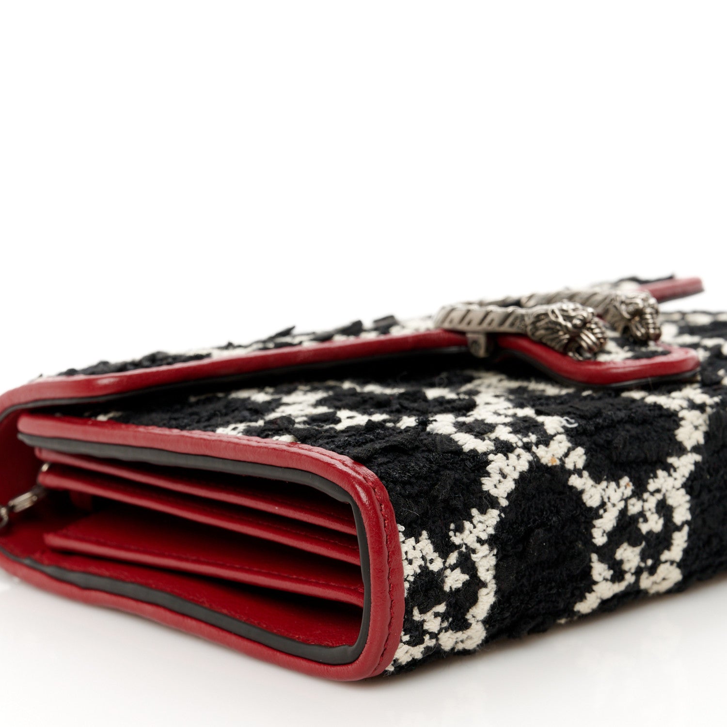 Gucci Tweed GG Monogram Mini Dionysus Chain Wallet Black White Romantic Cherry 9 of 10