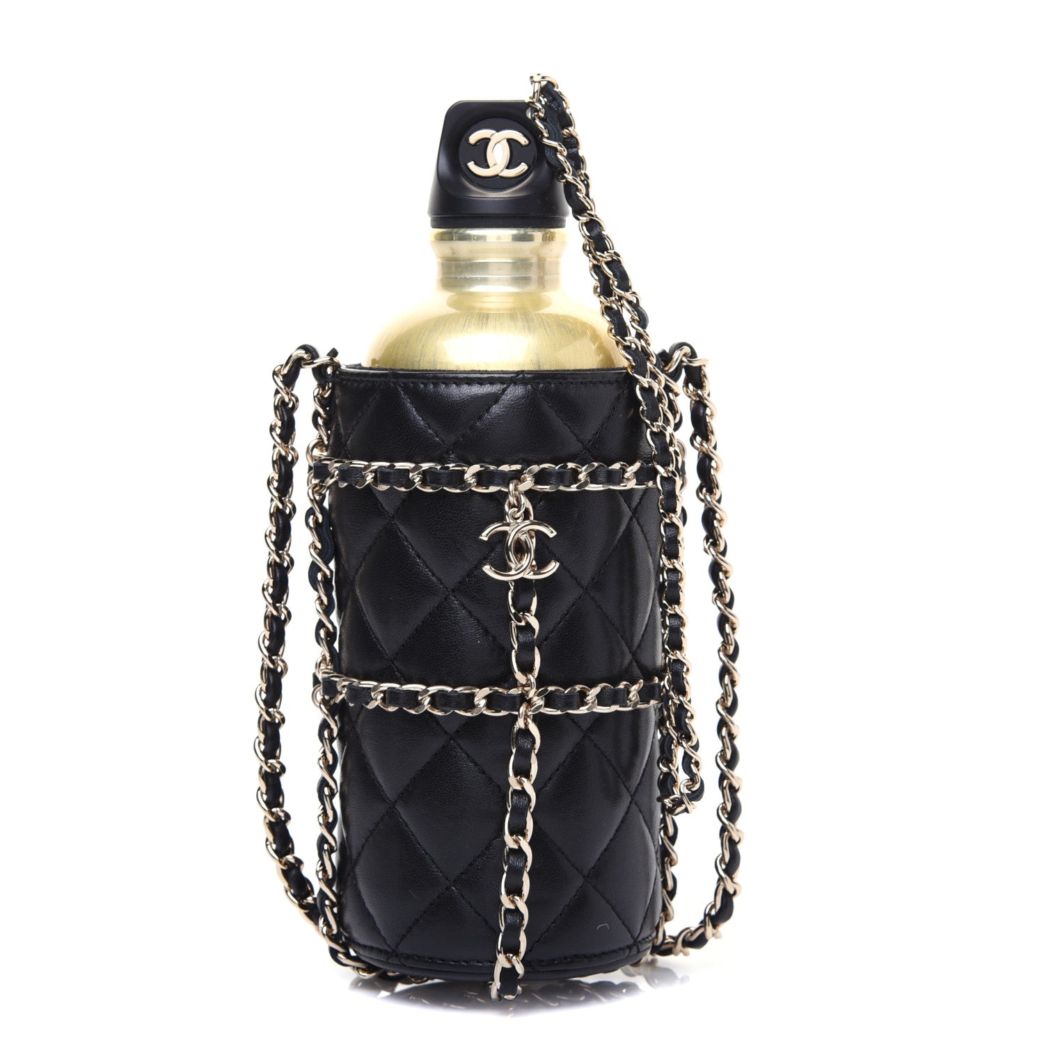 Chanel Lambskin Quilted CC To Drink Water Bottle Black Gold 1 of 15