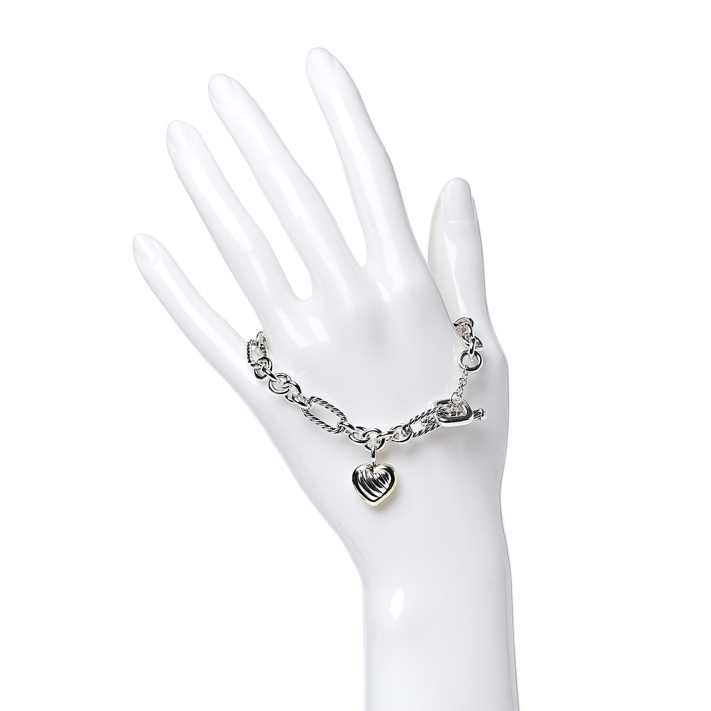 Sterling Silver 18K Yellow Gold Cable Heart Charm Bracelet