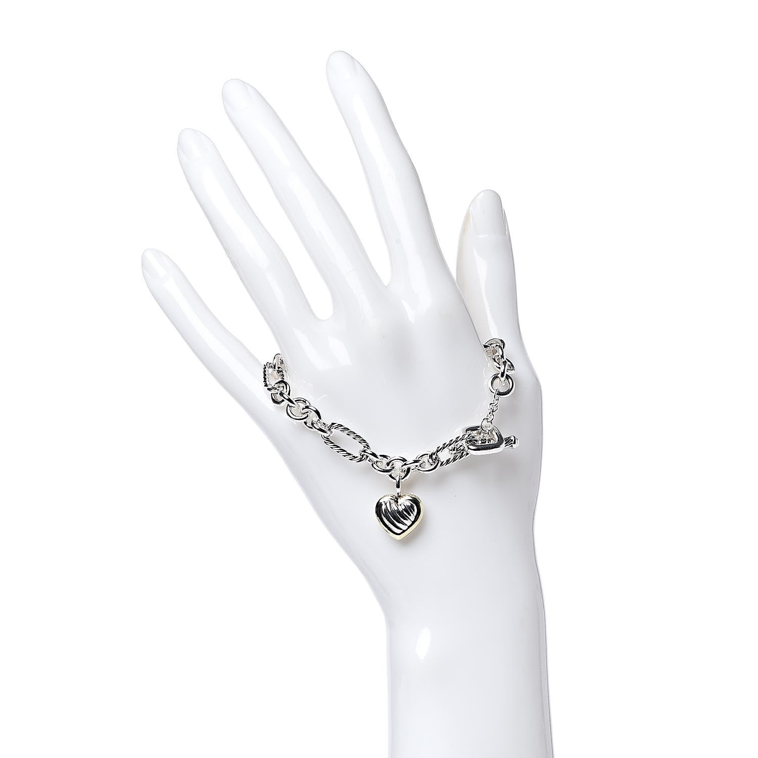 David Yurman Sterling Silver 18K Yellow Gold Cable Heart Charm Bracelet 2 of 4