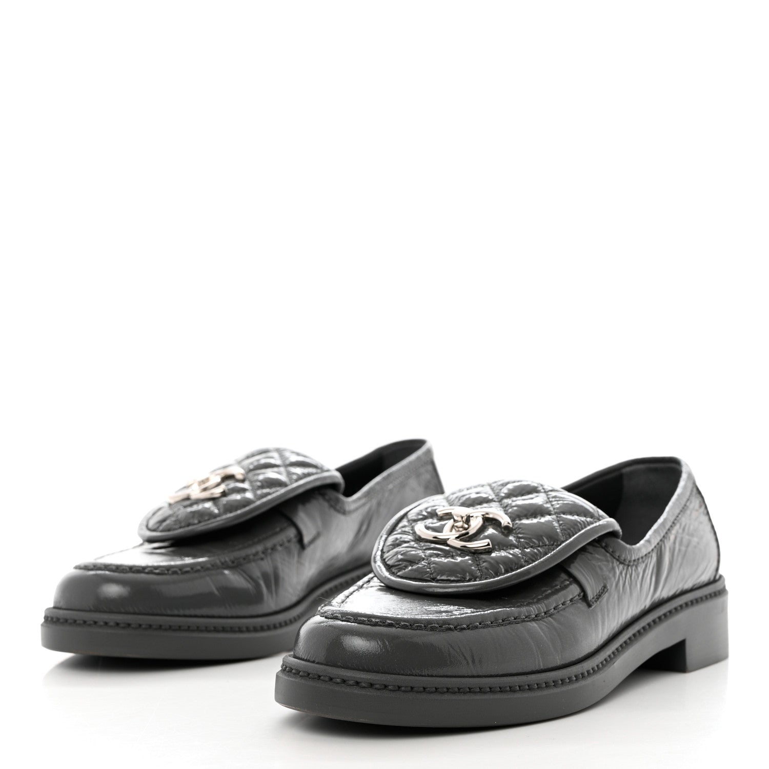 Chanel Crumpled Shiny Lambskin Quilted CC Turnlock Loafers 37 Dark Grey 3 of 9