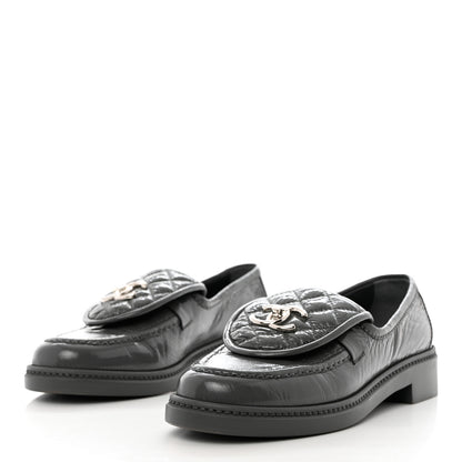 Chanel Crumpled Shiny Lambskin Quilted CC Turnlock Loafers 37 Dark Grey 3 of 9