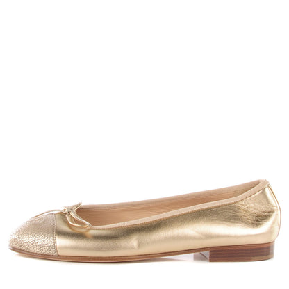 Chanel Lambskin Metallic Caviar CC Cap Toe Ballerina Flats 37 Light Gold 1 of 9