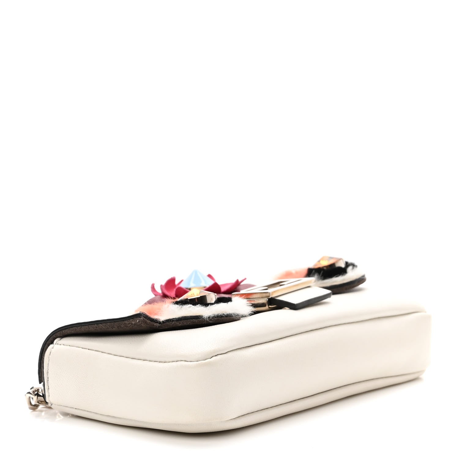 Fendi Shiny Nappa Rabbit Fur Crystal Flowerland Micro Buggie Baguette White 4 of 9