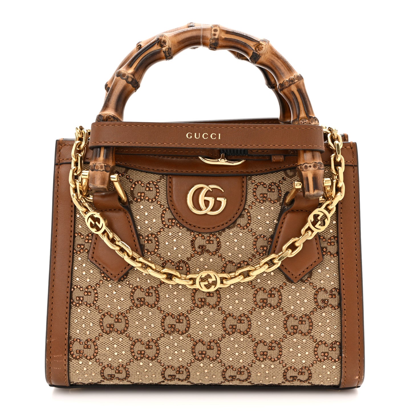 New Canvas Charisma Calfskin Crystal GG Monogram Mini Diana Tote Bag Camel Ebony