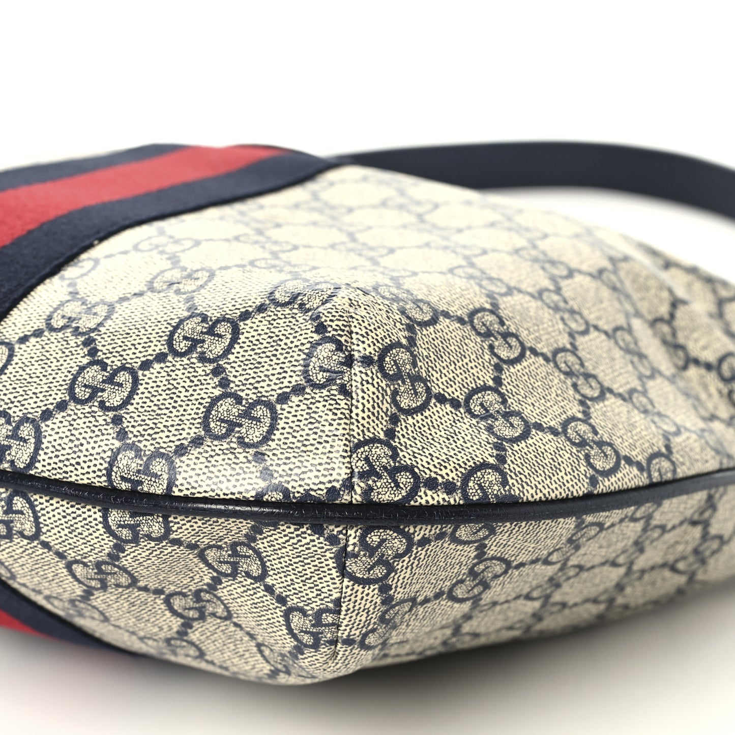 GG Supreme Monogram Textured Dollar Calfskin Web Small Ophidia Half Moon Hobo Beige Blue