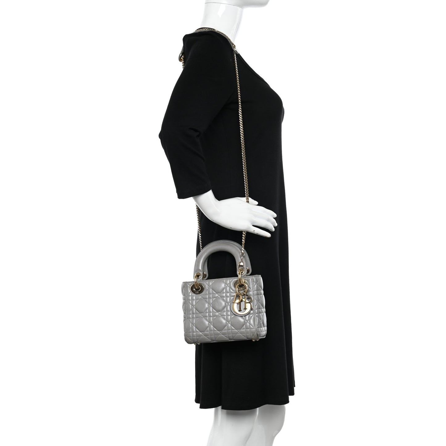 Metallic Lambskin Cannage Mini Lady Dior Grey