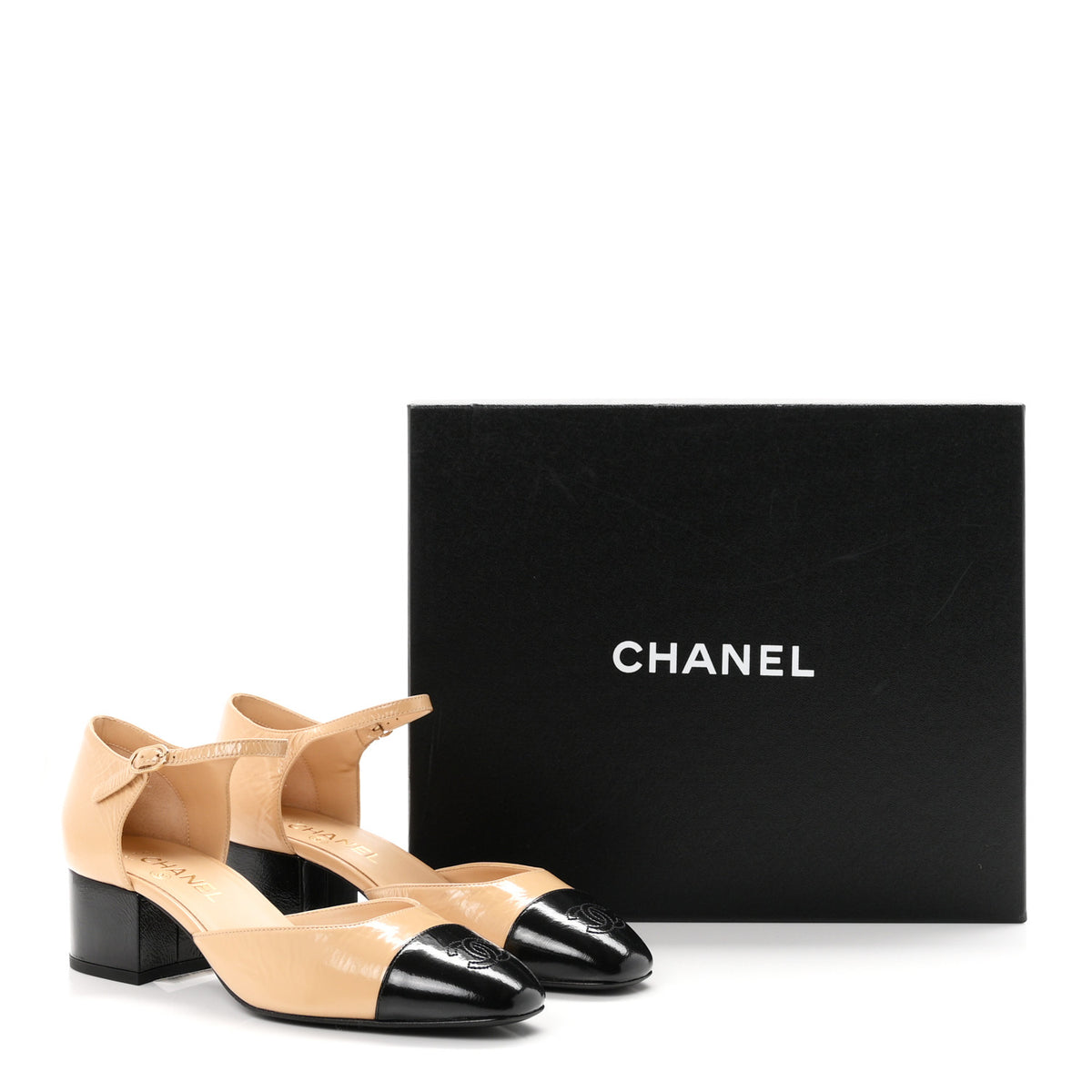 Chanel Shiny Lambskin CC Cap Toe Mary Janes Pumps 39 Beige Black 10 of 10