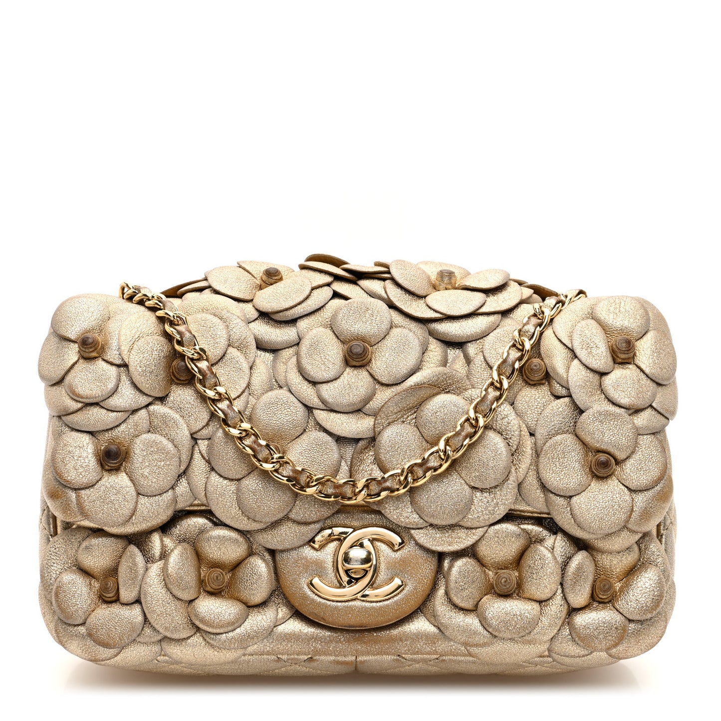 Metallic Lambskin Quilted Mini Camellia Flap Gold
