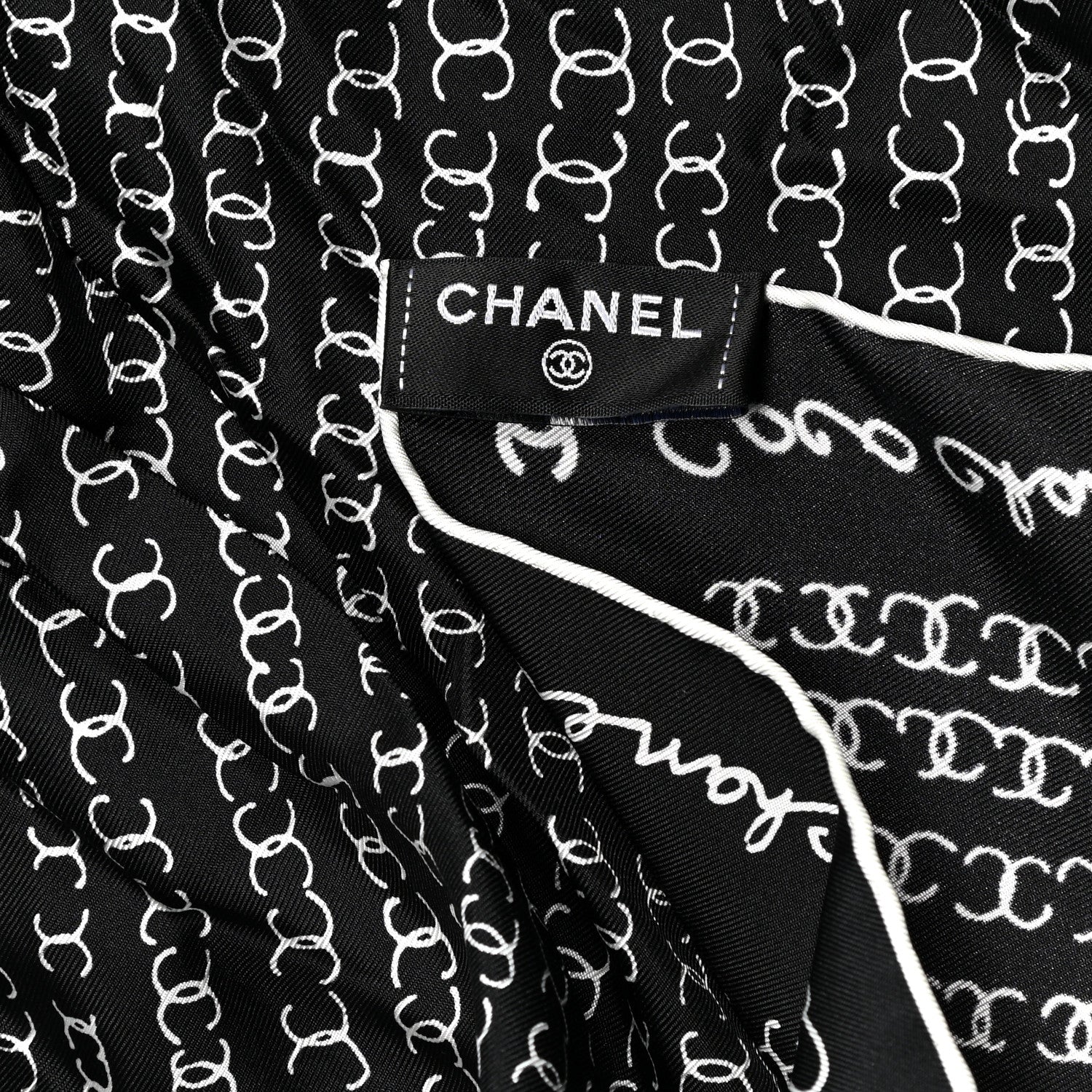 Chanel Silk Twill Square Scarf Hair Tie Black White 5 of 6