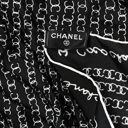 Chanel Silk Twill Square Scarf Hair Tie Black White 5 of 6