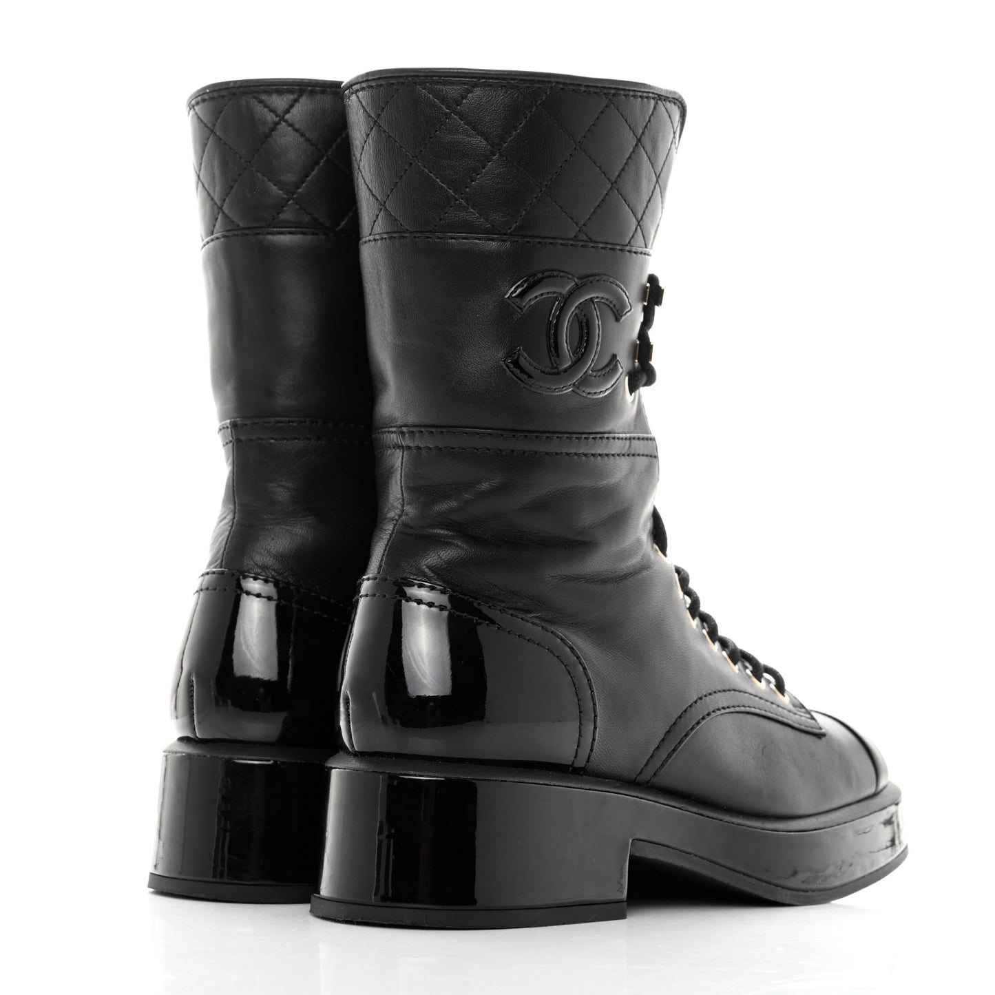 Lambskin Patent Calfskin Quilted CC Lace Up Combat Boots 37 Black