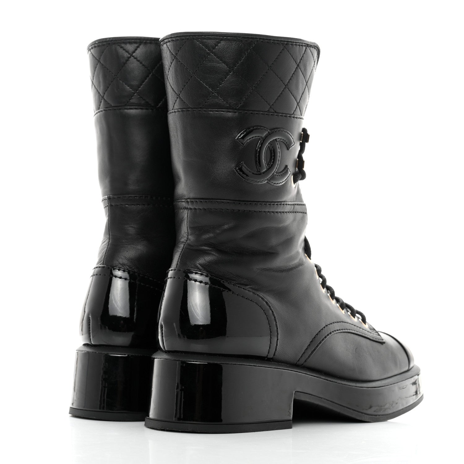 Chanel Lambskin Patent Calfskin Quilted CC Lace Up Combat Boots 37 Black 4 of 12