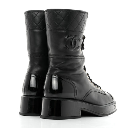 Chanel Lambskin Patent Calfskin Quilted CC Lace Up Combat Boots 37 Black 4 of 12
