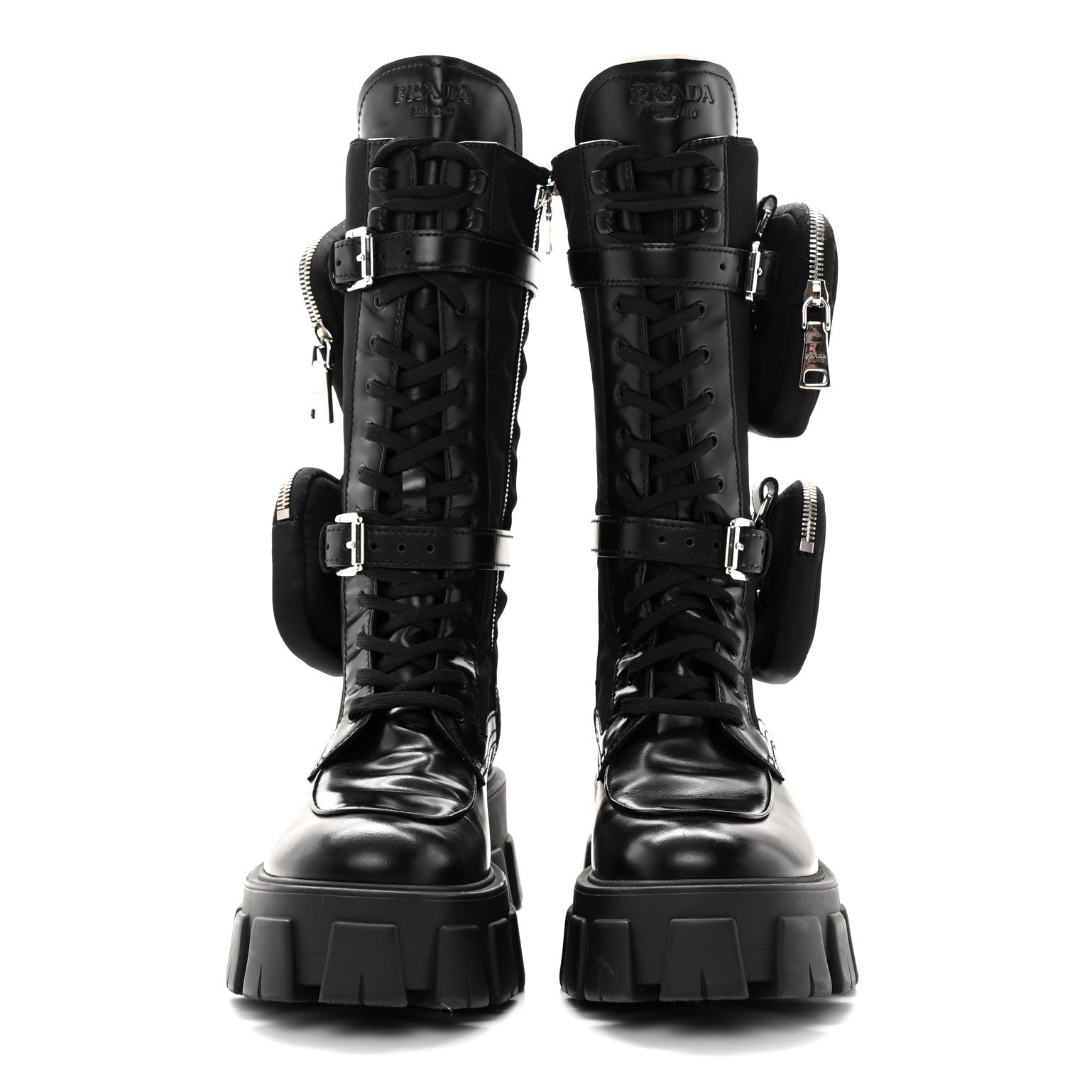 Prada Spazzolato Rois Re-Nylon Metal Triangle Logo Monolith Pouch Pocket 55mm Tall Combat Boots 39.5 Black 2 of 13