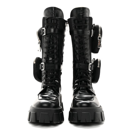 Prada Spazzolato Rois Re-Nylon Metal Triangle Logo Monolith Pouch Pocket 55mm Tall Combat Boots 39.5 Black 2 of 13