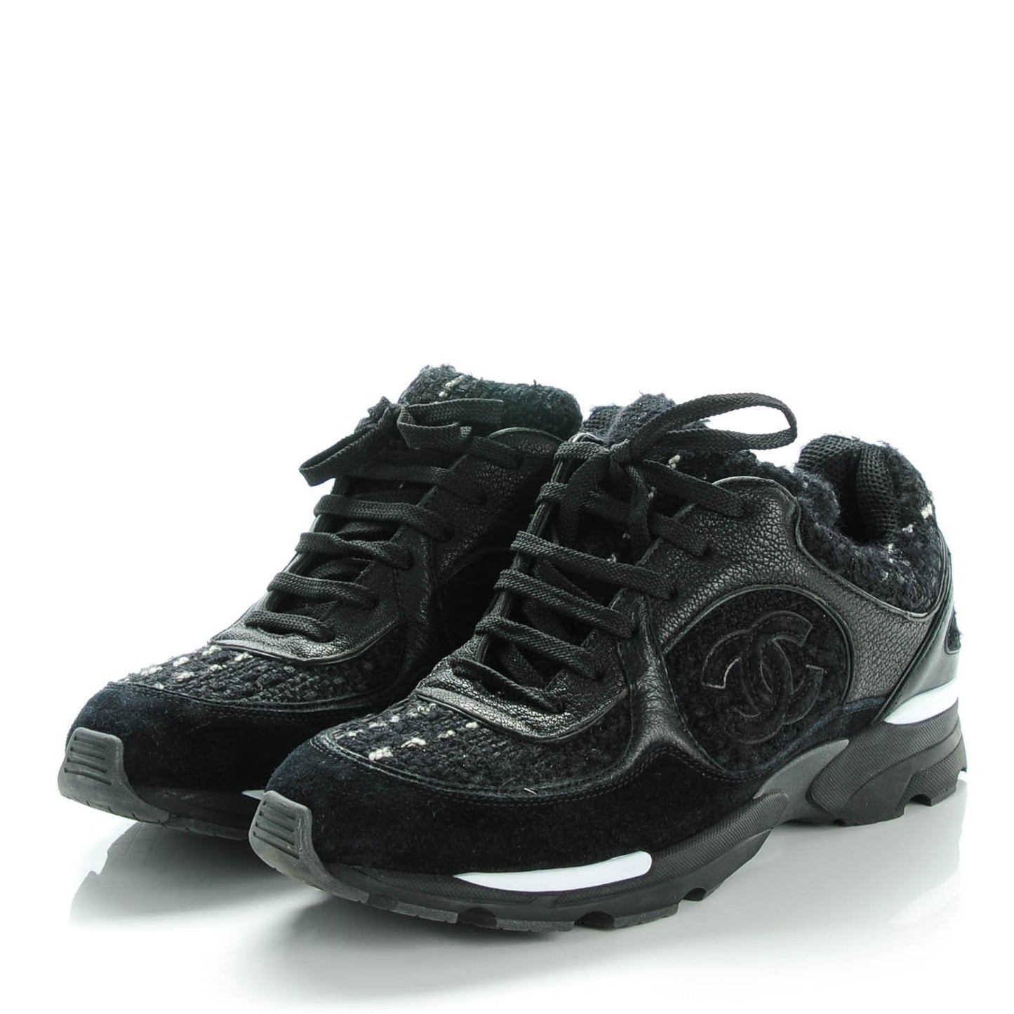Tweed Suede Goatskin CC Sneakers 39 Black White