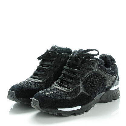 Chanel Tweed Suede Goatskin CC Sneakers 39 Black White 3 of 7