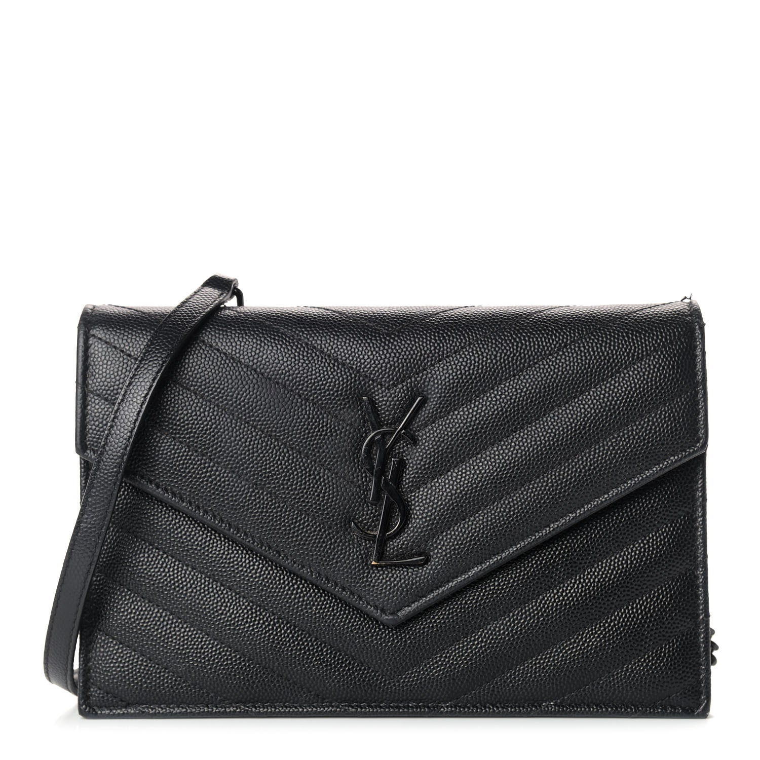 Saint Laurent Grain De Poudre Matelasse Chevron Monogram Envelope Chain Wallet Black 1 of 11