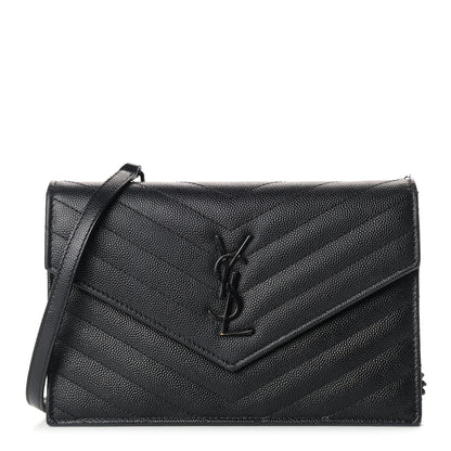 Saint Laurent Grain De Poudre Matelasse Chevron Monogram Envelope Chain Wallet Black 1 of 11