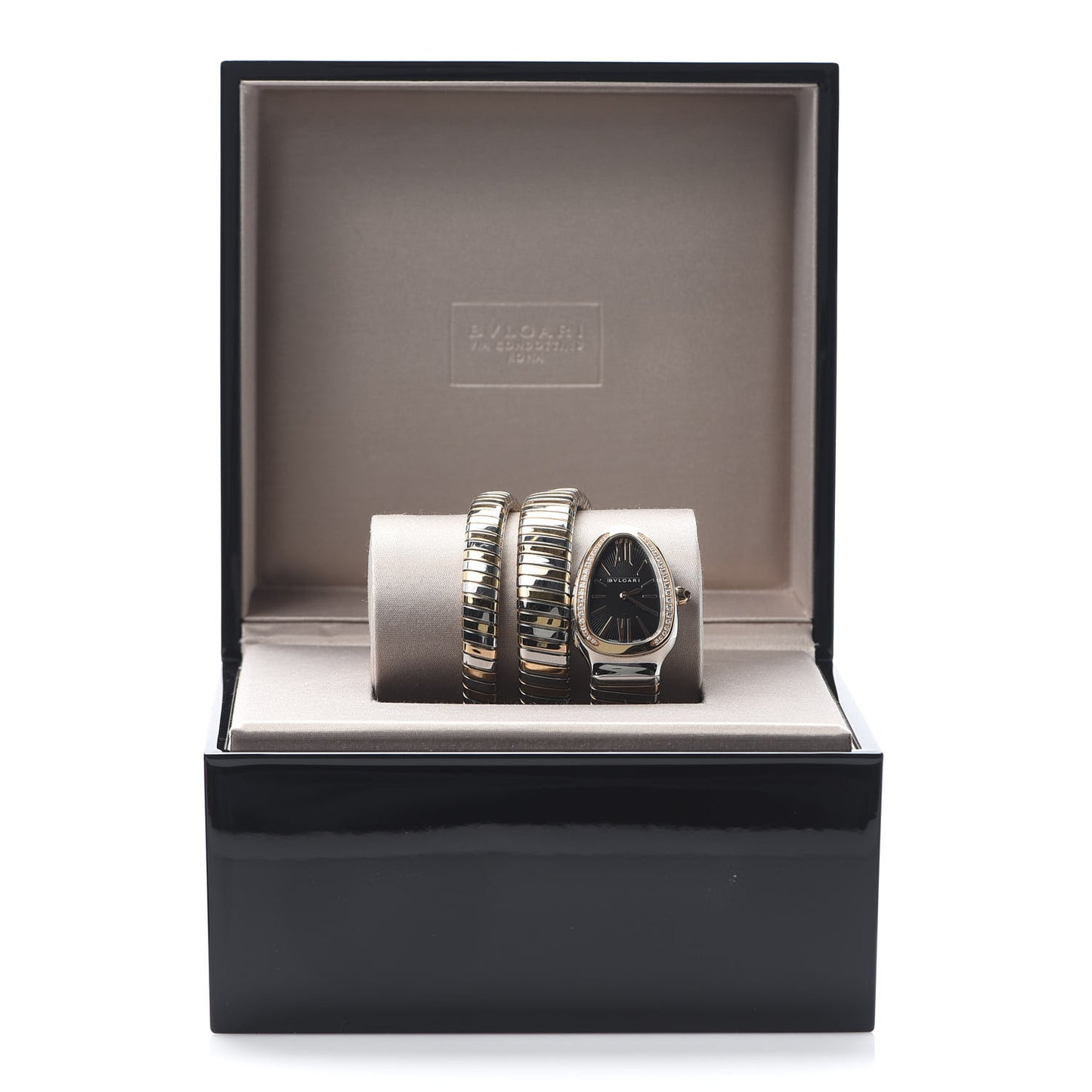 Stainless Steel 18K Rose Gold Diamond Bezel 35mm Serpenti Tubogas Double Spiral Quartz Watch Black