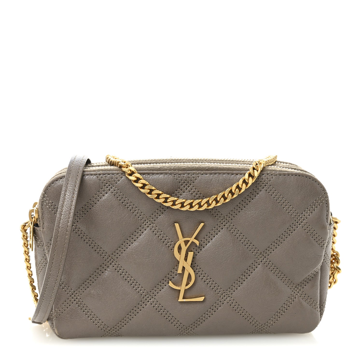 Saint Laurent Grained Lambskin Quilted Mini Becky Double Zip Bag Taupe 1 of 14
