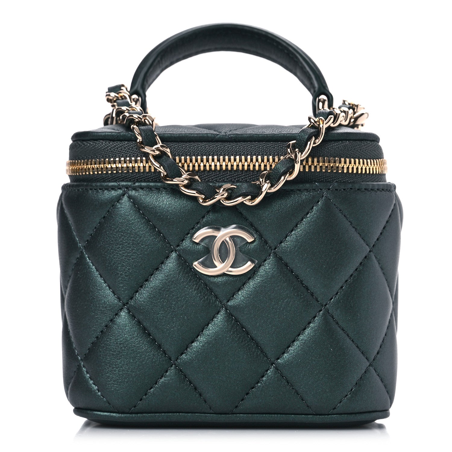 Chanel Iridescent Lambskin Quilted Mini Top Handle Vanity Case With Chain Dark Green 1 of 10