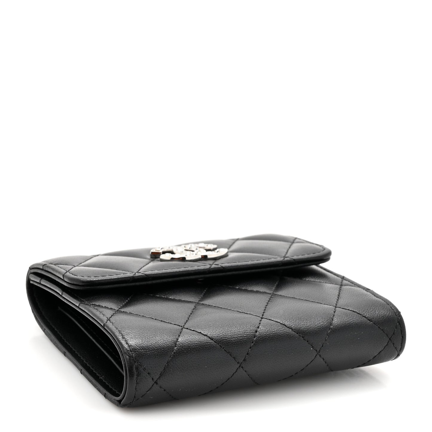 Lambskin Quilted Baguette Crystal Small Compact Wallet Black