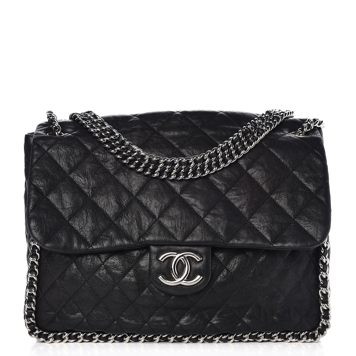 Washed Lambskin Quilted Maxi Chain Around Flap Black