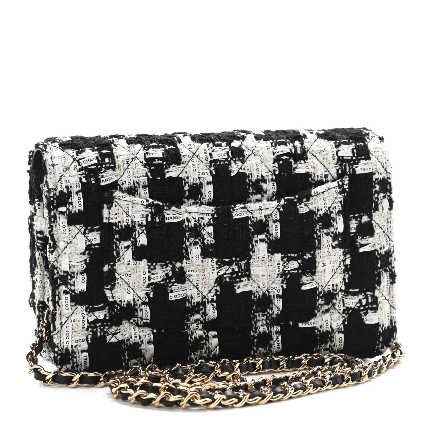 Tweed Quilted Wallet On Chain WOC Black Ecru White