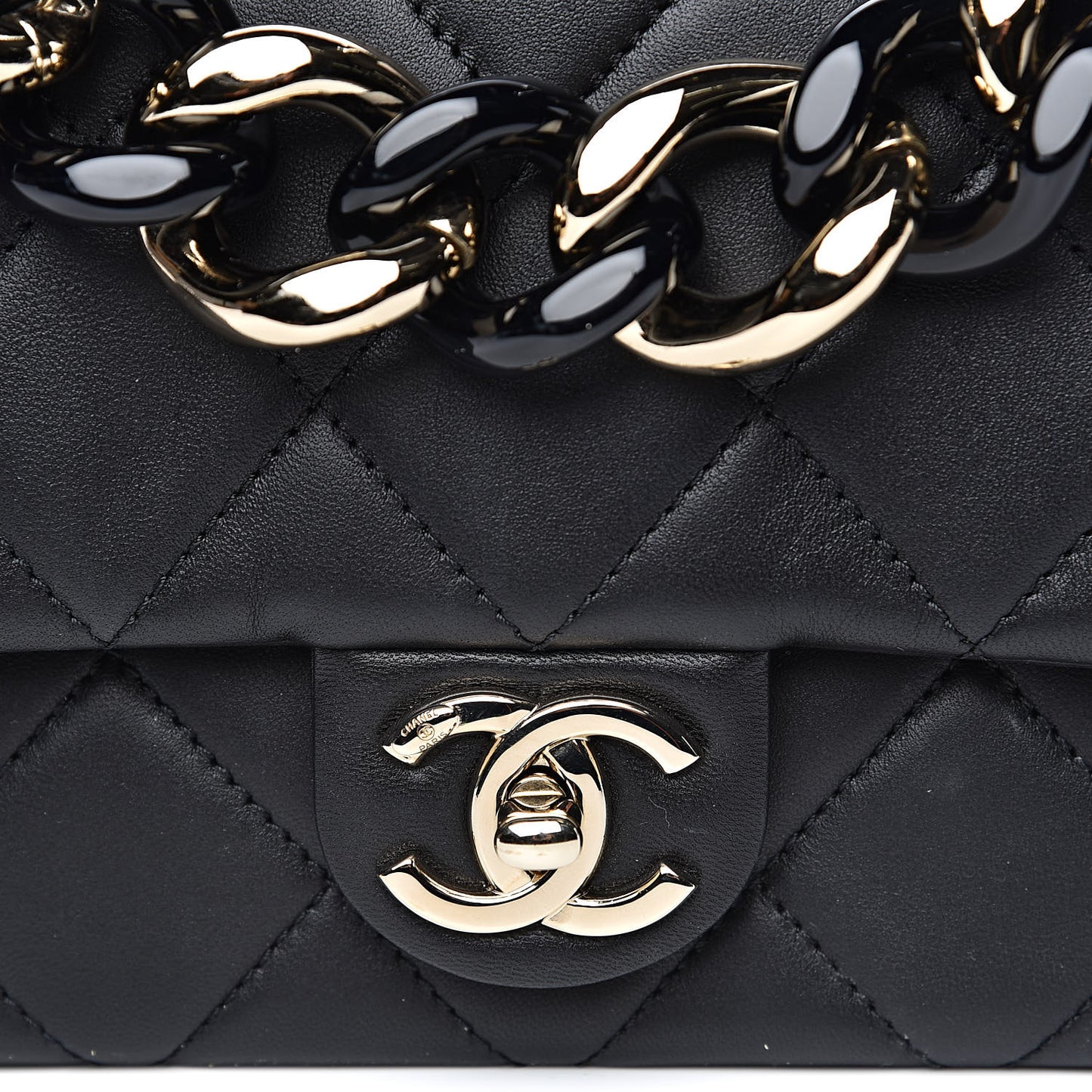 Lambskin Quilted Resin Bi-Color Chain Flap Bag Black