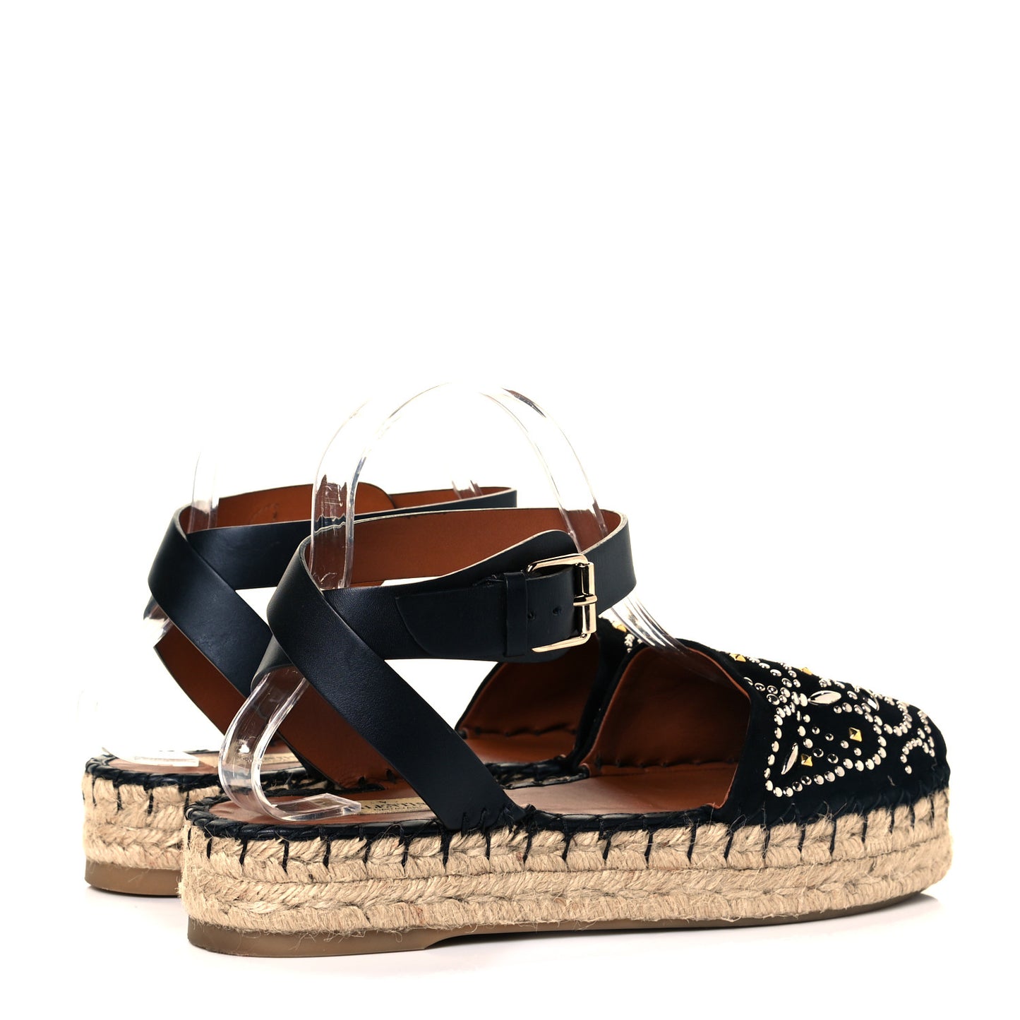 Suede Studded Peep Toe Ankle Wrap Flatform Espadrilles 38 Black