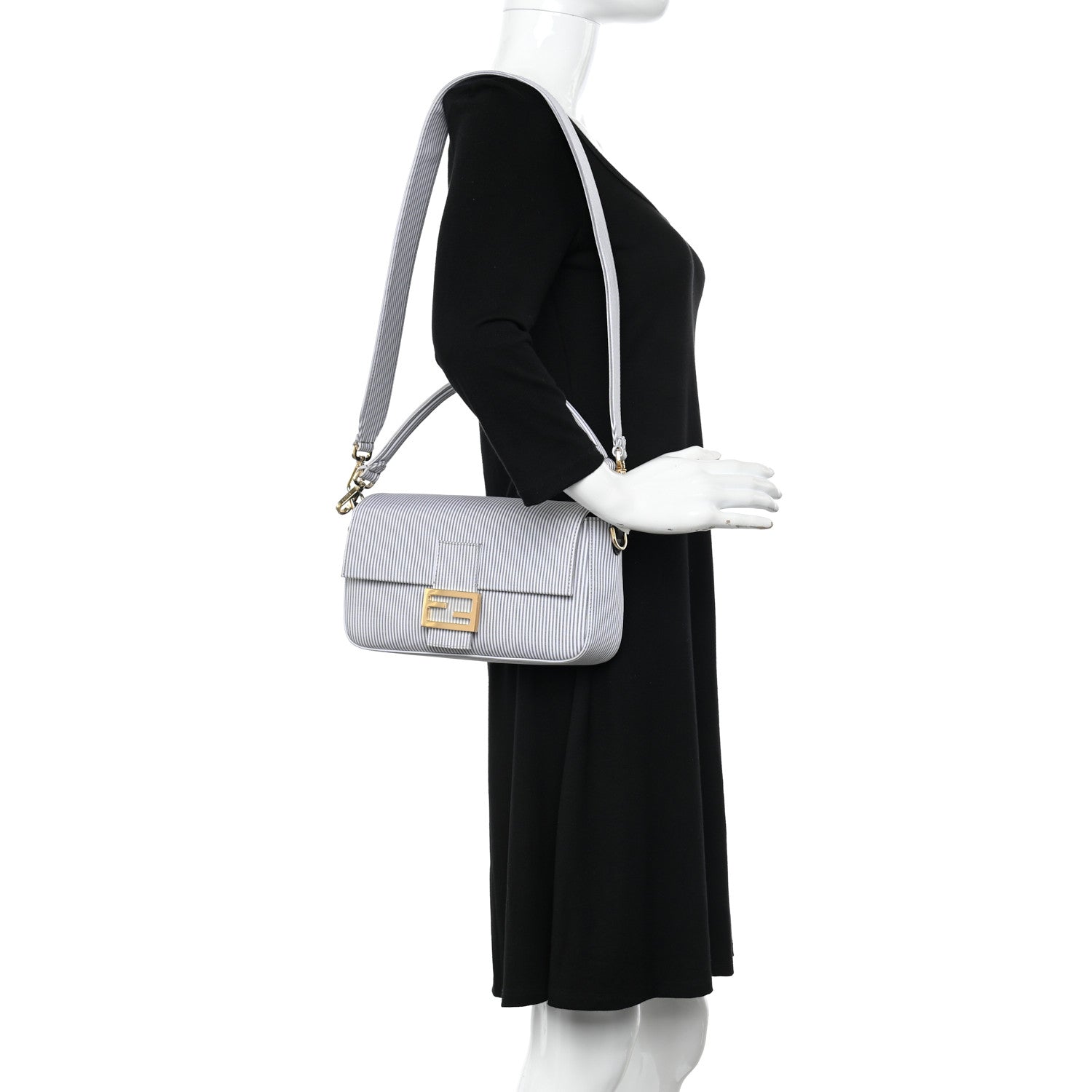 Fendi Cotton Cuoio Bretagna Striped Baguette Grigio White Black 2 of 9