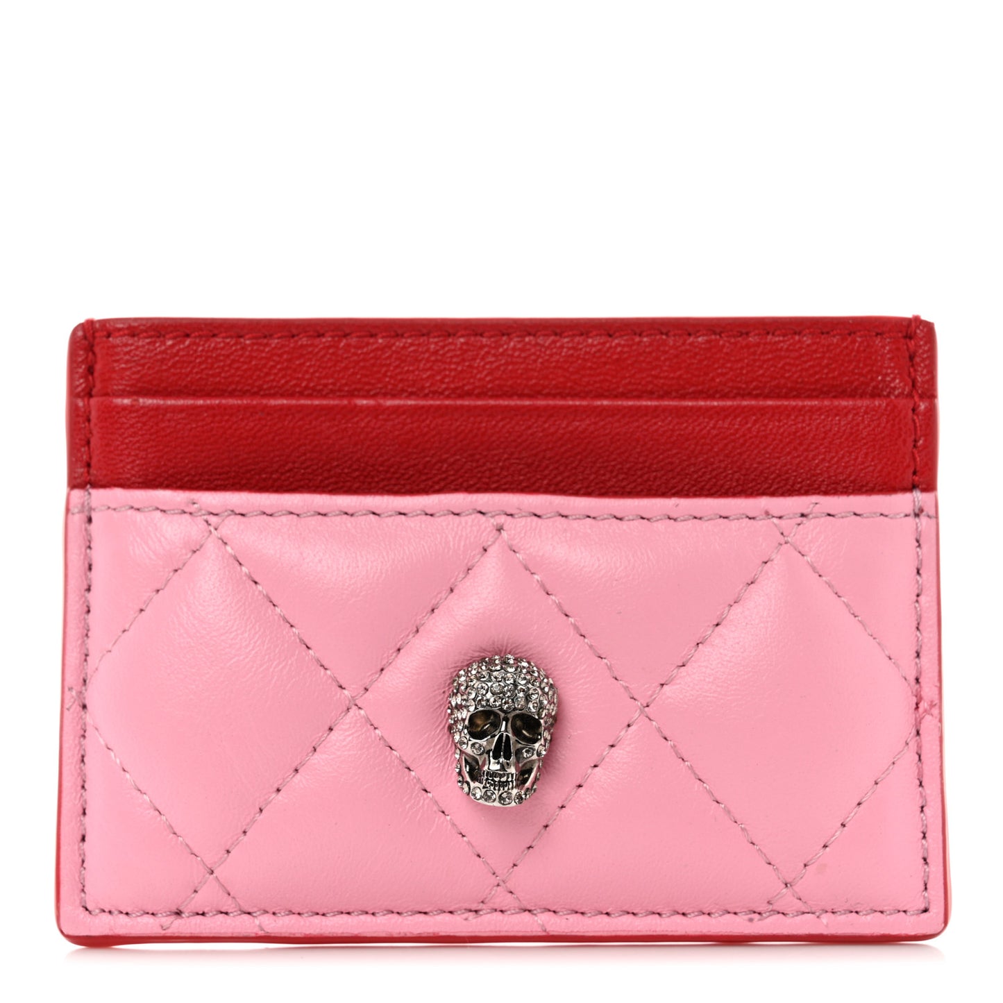 Lambskin Quilted Skull Card Holder Pastel Pink