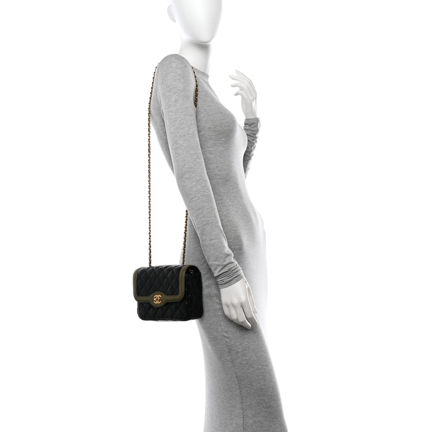 Lambskin Mini Square Flap Black Khaki