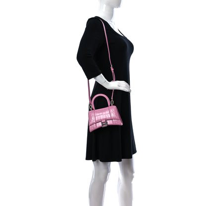 Balenciaga Shiny Calfskin Crocodile Embossed Hourglass Top Handle Bag XS Pink 2 of 12