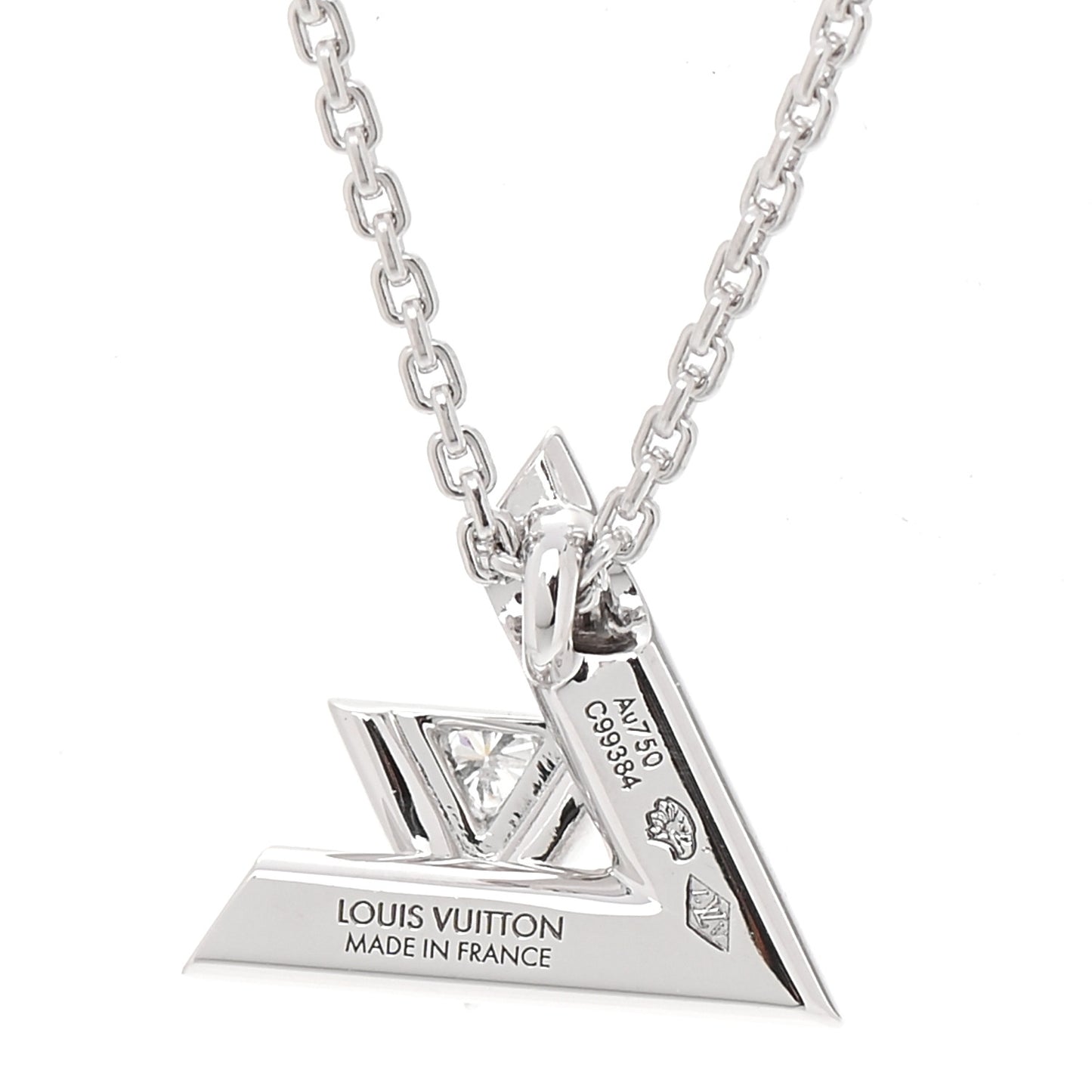 18K White Gold Diamond Small LV Volt One Pendant Necklace