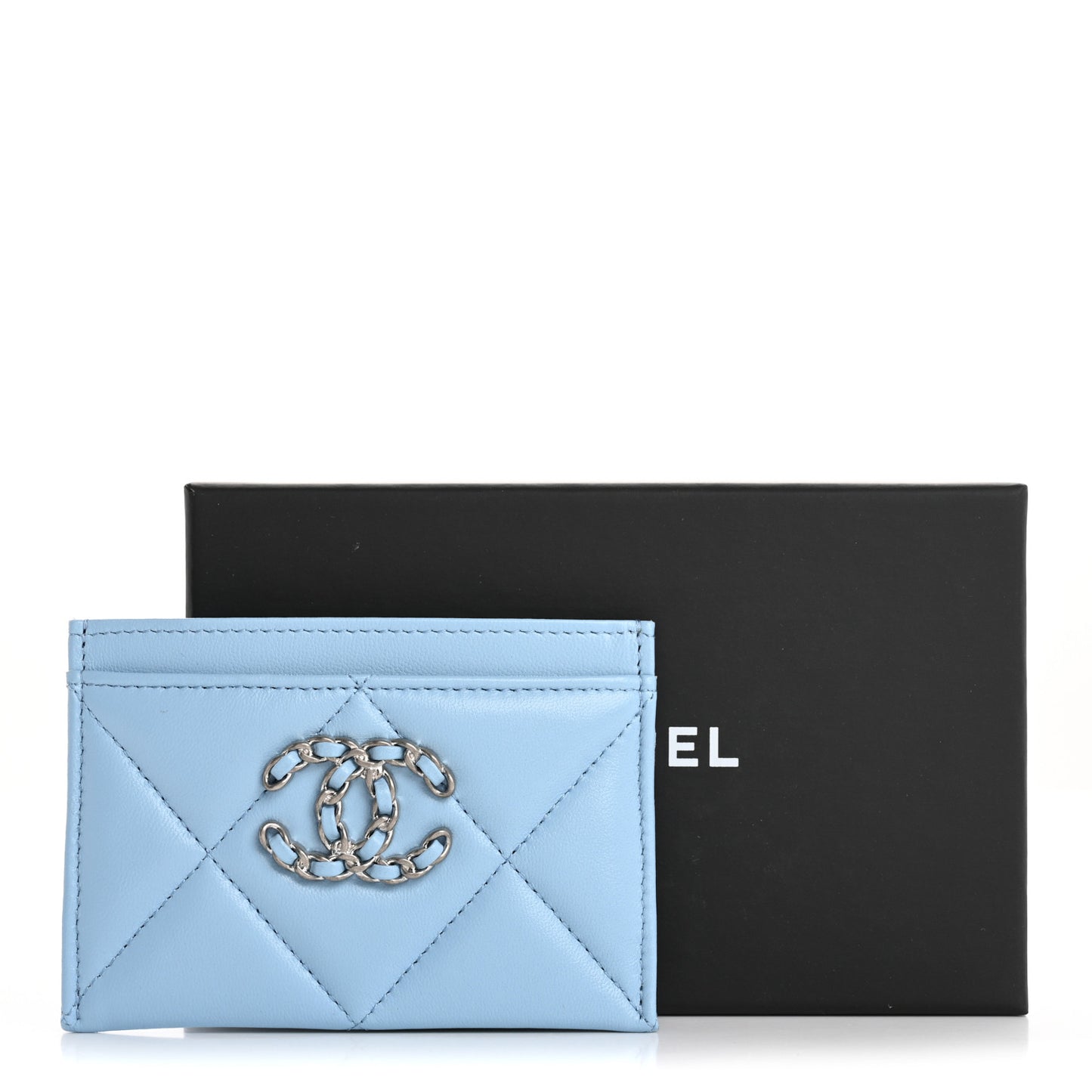 Lambskin Quilted Chanel 19 Card Holder Light Blue