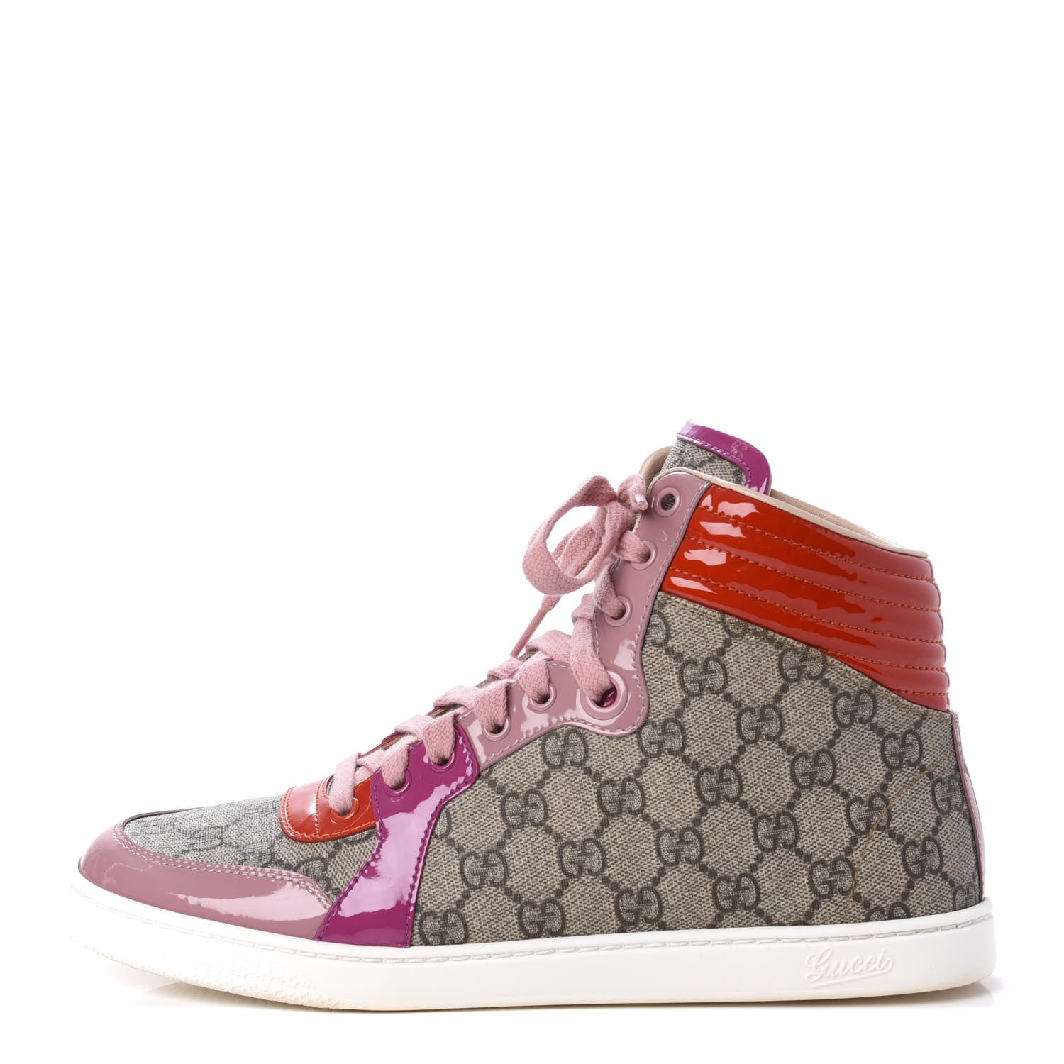 Gucci GG Supreme Monogram Patent Womens High Top Sneakers 39.5 Beige Carmine Rose New Rosette 1 of 11