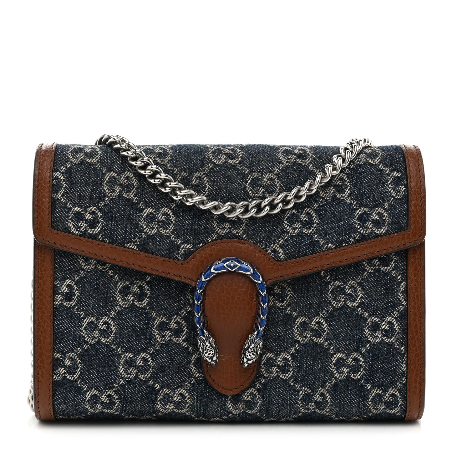 New Denim GG Monogram Dollar Calfskin Enamel Mini Dionysus Chain Wallet Blue Tea Cuir Epilog Electric Blue