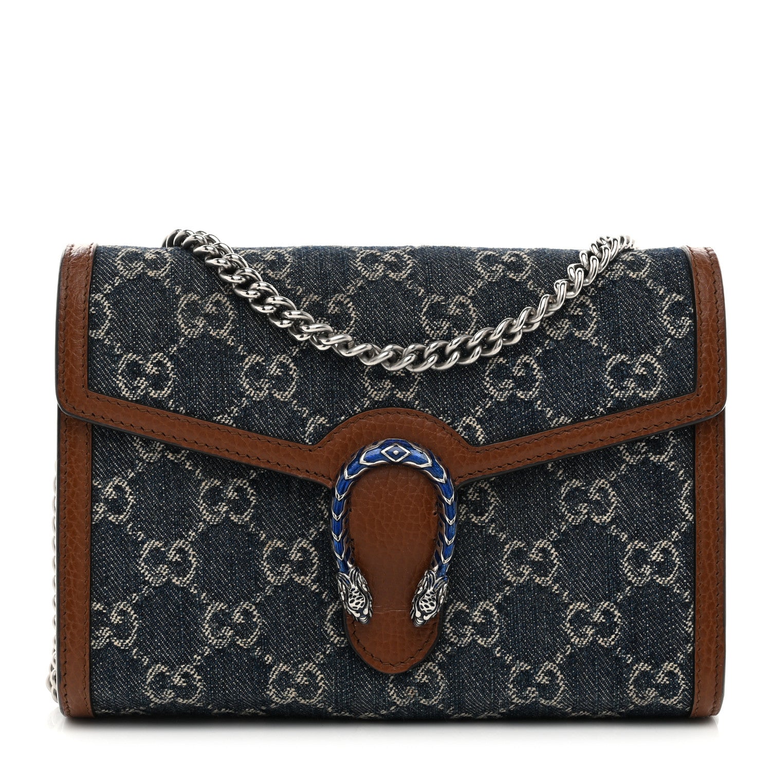 Gucci New Denim GG Monogram Dollar Calfskin Enamel Mini Dionysus Chain Wallet Blue Tea Cuir Epilog Electric Blue 1 of 12