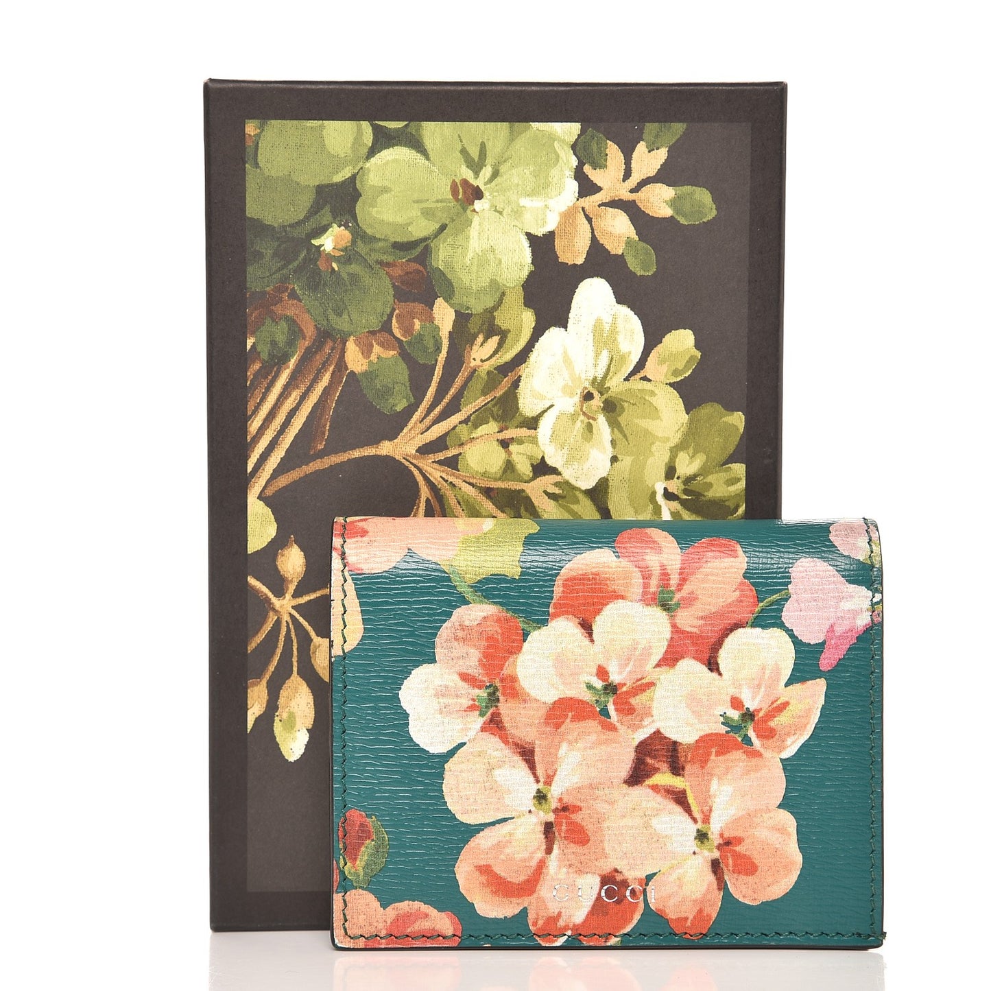 Shangai Calfskin Blooms Print Card Case Wallet Clear Bright Emerald Multicolor