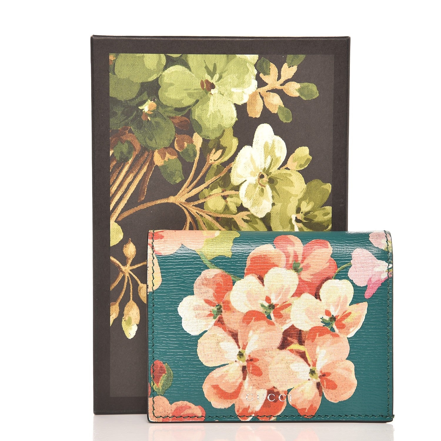 Gucci Shangai Calfskin Blooms Print Card Case Wallet Clear Bright Emerald Multicolor 8 of 8